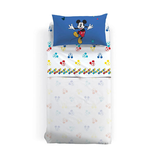 Completo lenzuola Mickey Retrò con Topolino, in puro cotone per letto singolo e piazza e mezza. Linea Caleffi Disney. Federa blu con topolino. Lenzuolo bianco con varie immagini colorate di topolino.