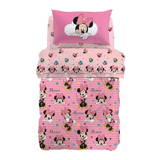 Trapunta invernale Caleffi Disney Minnie Rainbow in puro cotone, per letto singolo. Piumone in fantasia con varie immagini di Minnie e stelle colorate su fondo rosa a righe. Ideale per la tua bambina