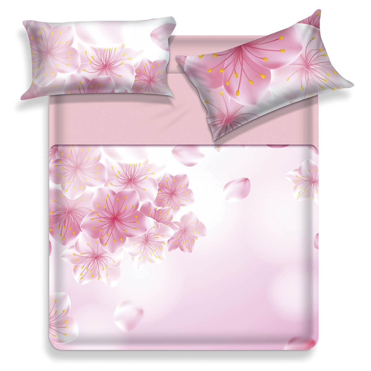 Lenzuolo copriletto matrimoniale Dida di Miss Terry - Biancaluna in puro cotone. Fantasia floreale con stampa digitale di alta qualità. Fiori rosa su fondo bianco e rosa.