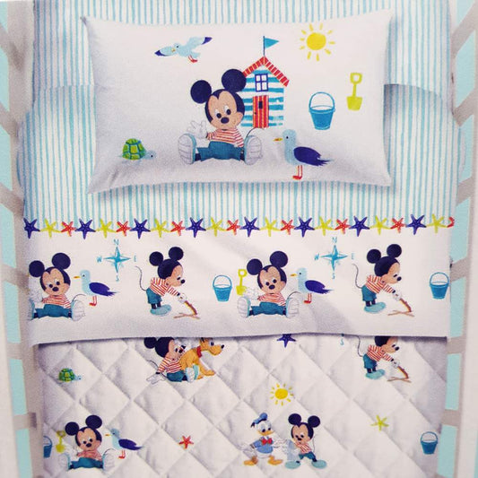 Lenzuolo culla Baby Mickey, con Topolino su fondo bianco con righe celesti e stelle marine
