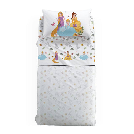 Completo lenzuola Caleffi Disney Princess in puro cotone. Disponibile per letto singolo e a una piazza e mezza. Il completo lenzuola presenta una fantasia su fondo bianco con le principesse Cenerentola, Belle e Rapunzel. Ideale per la tua bambina.