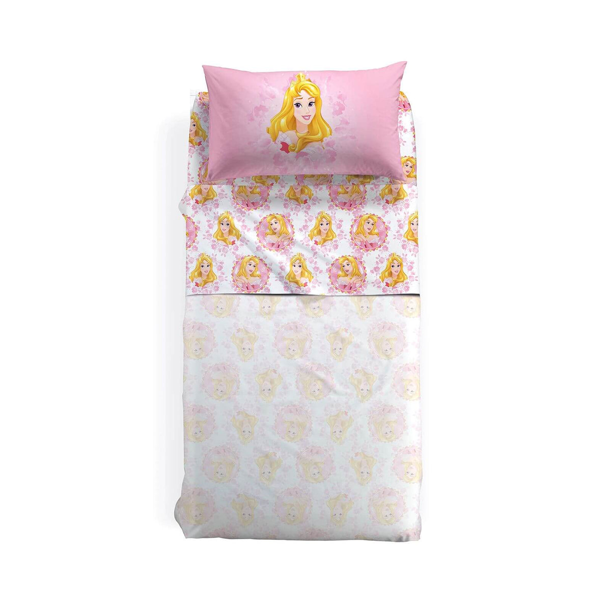 Completo lenzuola per bambina Princess Aurora, in puro cotone della linea Caleffi Disney. Fantasia Principesse.