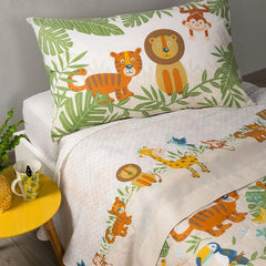 Trapunta invernale e lenzuola Caleffi Tropical in puro cotone per letto singolo. Fantasia con simpatici animali su fondo beige. Disponibile nella misura per letto singolo.