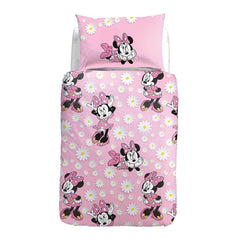 Completo Copripiumino Minnie Margherite in puro cotone per letto singolo. Linea Caleffi Disney, copripiumone per bambina con delicata fantasia di margherite su fondo rosa.